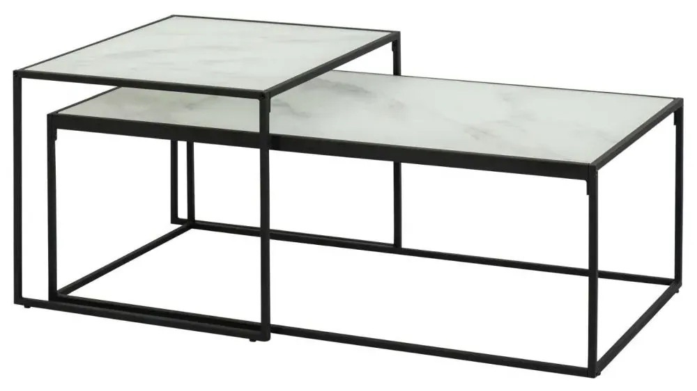 Bolton Coffee Table Set - Black, White Marble Effect Glass