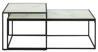 Bolton Coffee Table Set - Black, White Marble Effect Glass