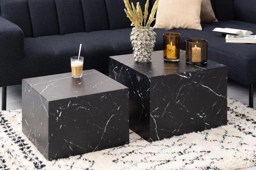 Dice Coffee Table Set of 2 - Black, Marble Effect