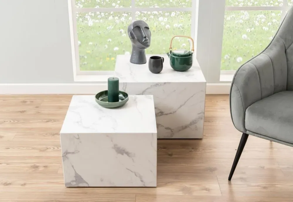 Dice Coffee Table Set of 2 - White, Marble Effect