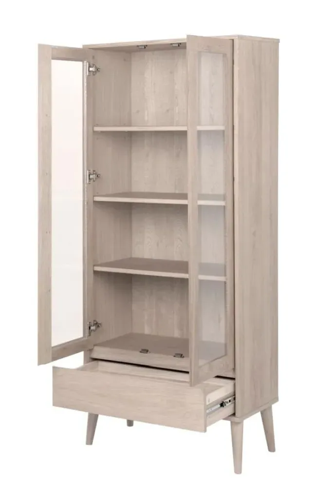 Nagano 2 Door Display Cabinet with Drawer - White, Oak Veneer