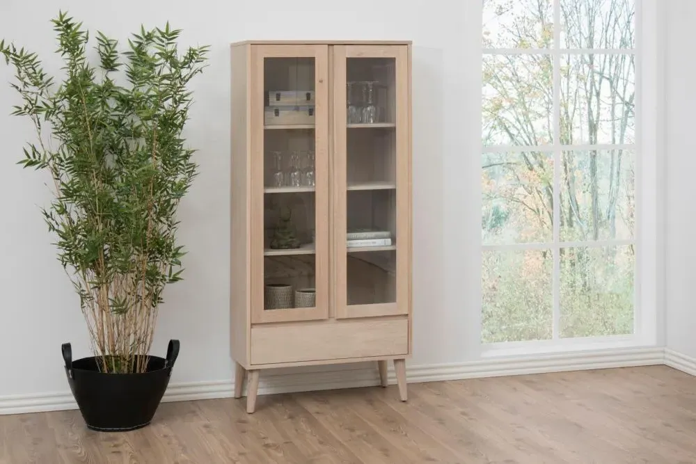 Nagano 2 Door Display Cabinet with Drawer - White, Oak Veneer