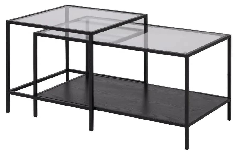 Seaford Coffee Table Set - Clear Glass, Black Metal