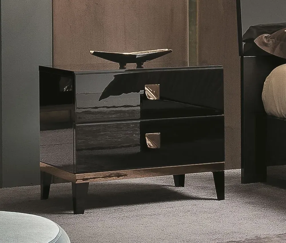 Mont Noir 2 Drawer Bedside Cabinet - Black, High Gloss