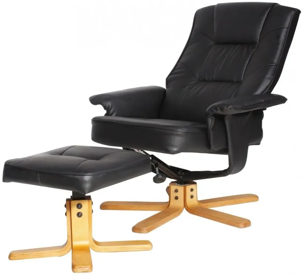 Drew Faux Leather Recliner with Footstool - Black