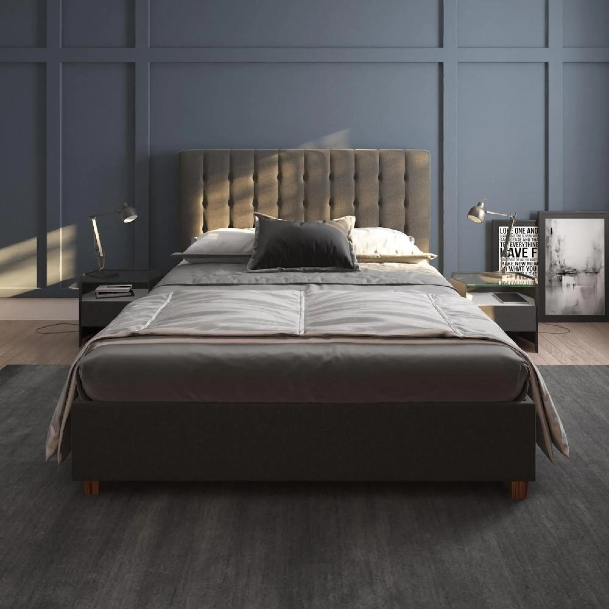 Erie King Size Upholstered Bed - Grey, Linen