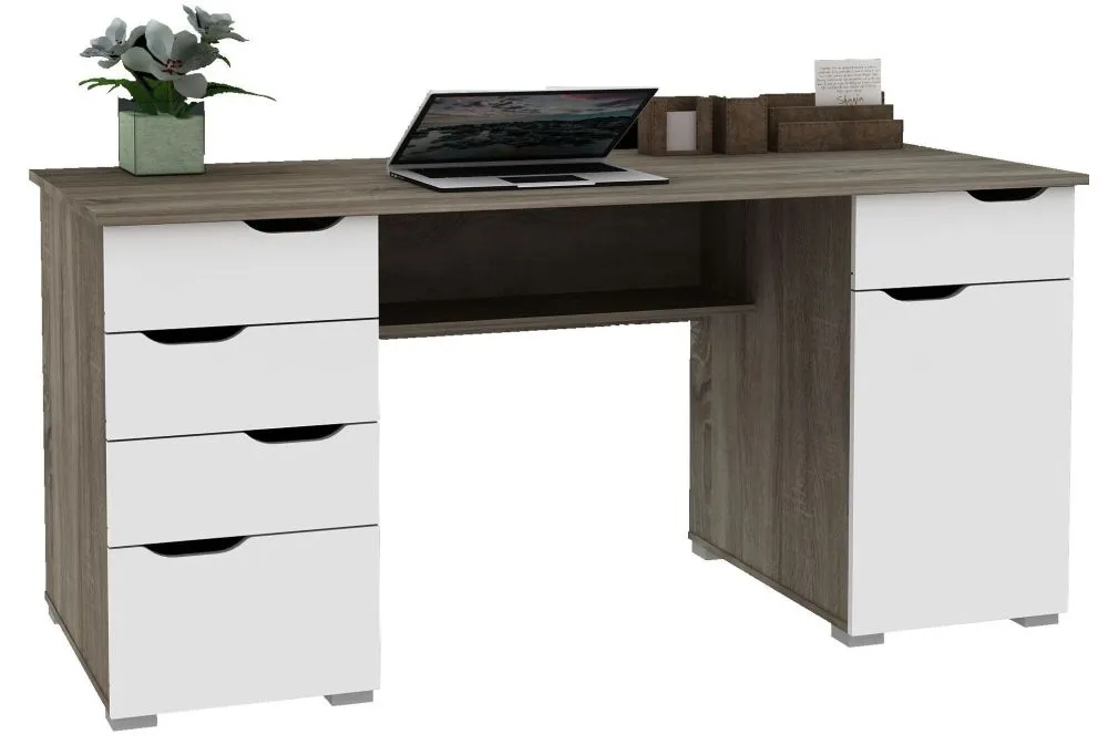 Kent Office Desk - Dark Oak, High Gloss White