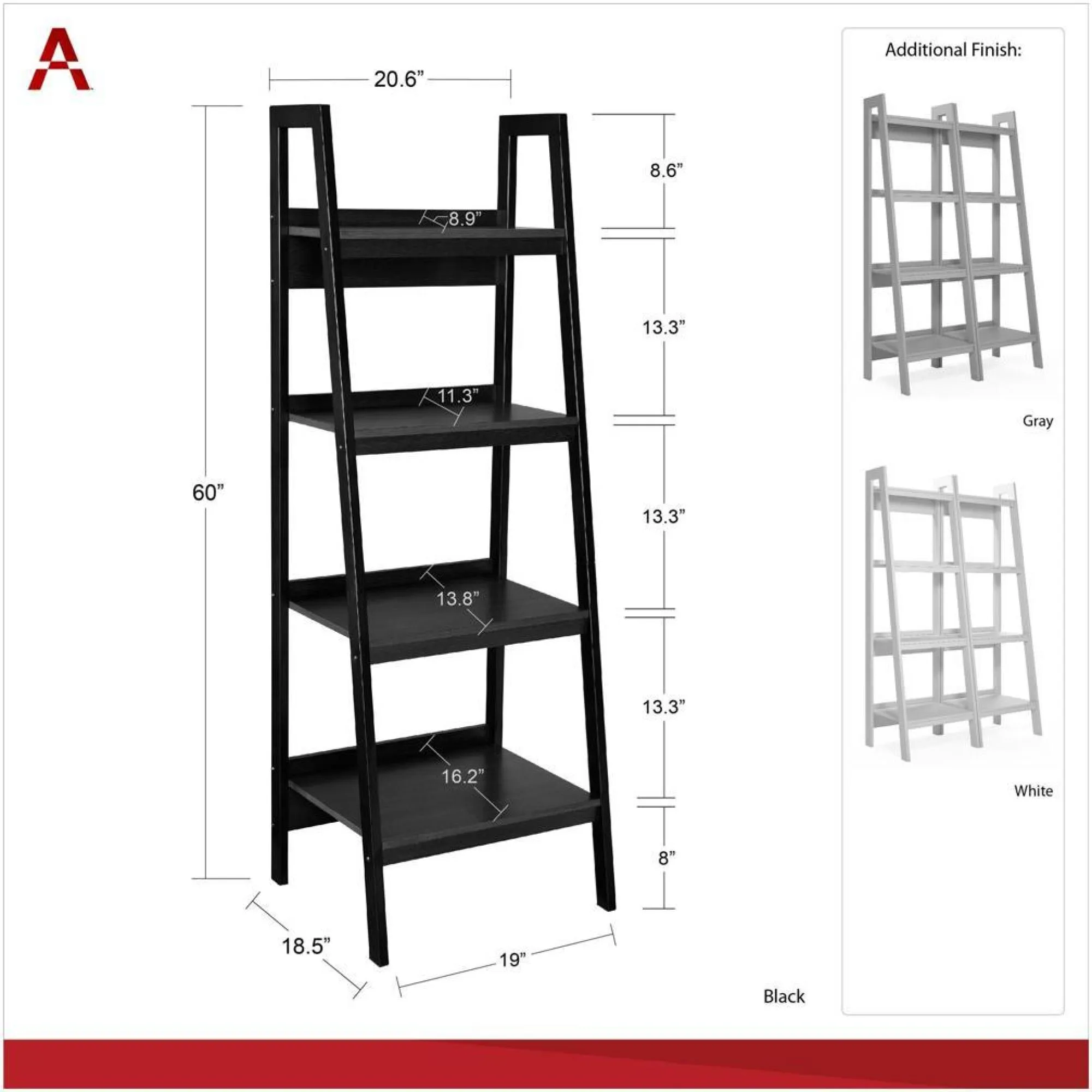 Laurens 4 Shelf Ladder Bookshelf - Black