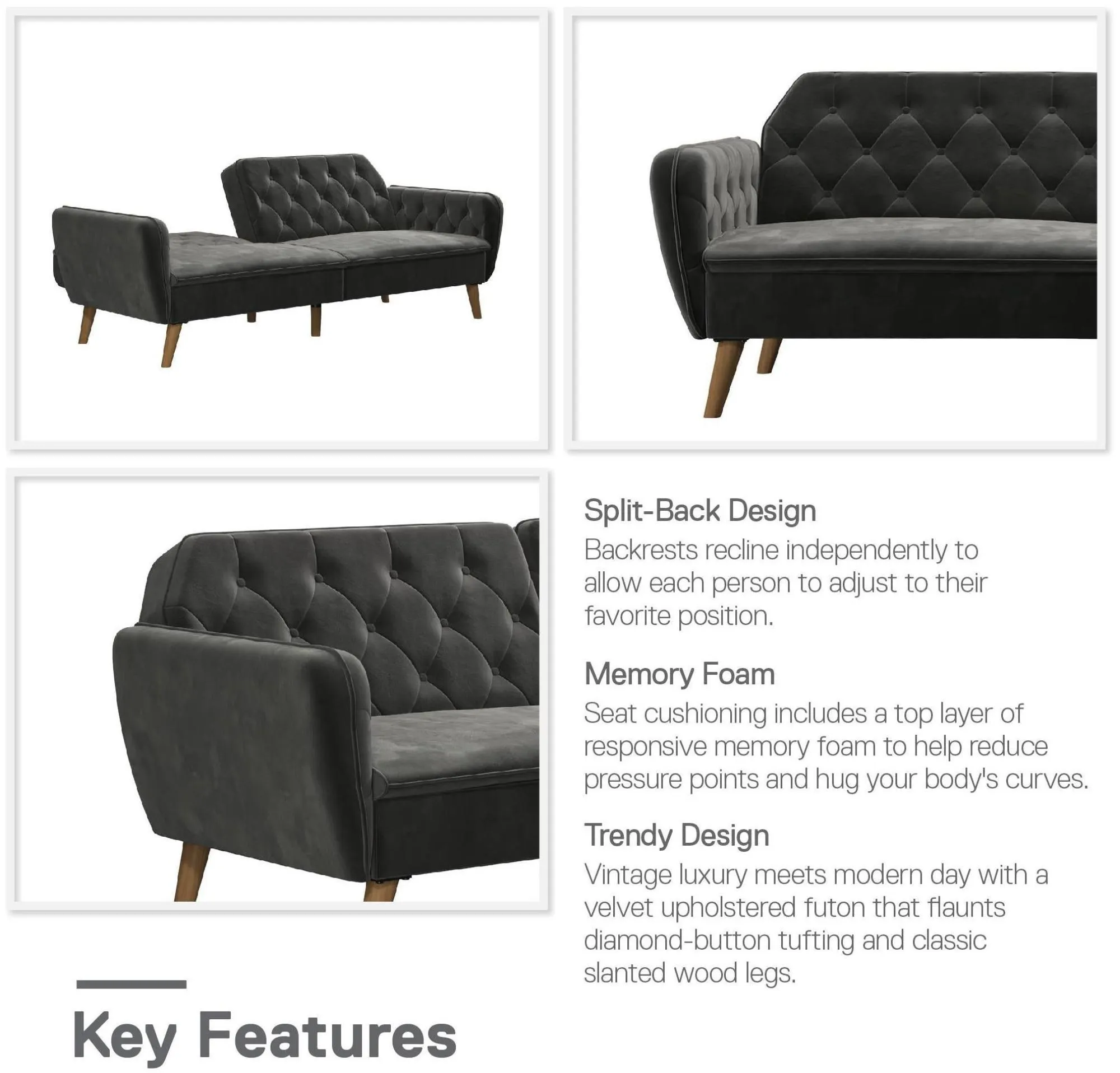 Nowata Tallulah Tufted Futon Sofa Bed - Grey, Velvet