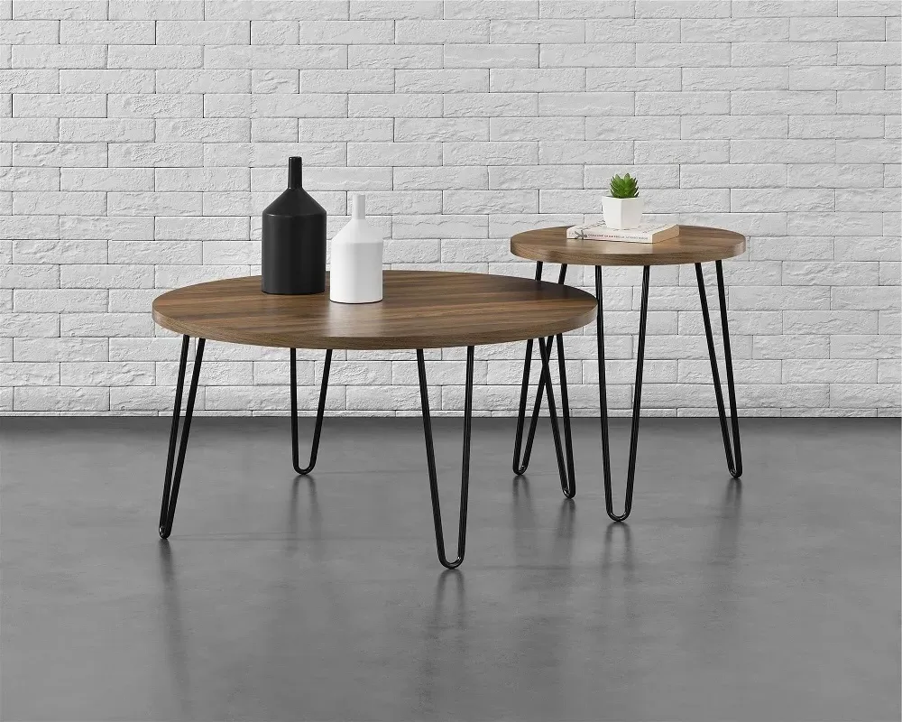 Obion Round Coffee Table with Hairpin Legs - Walnut