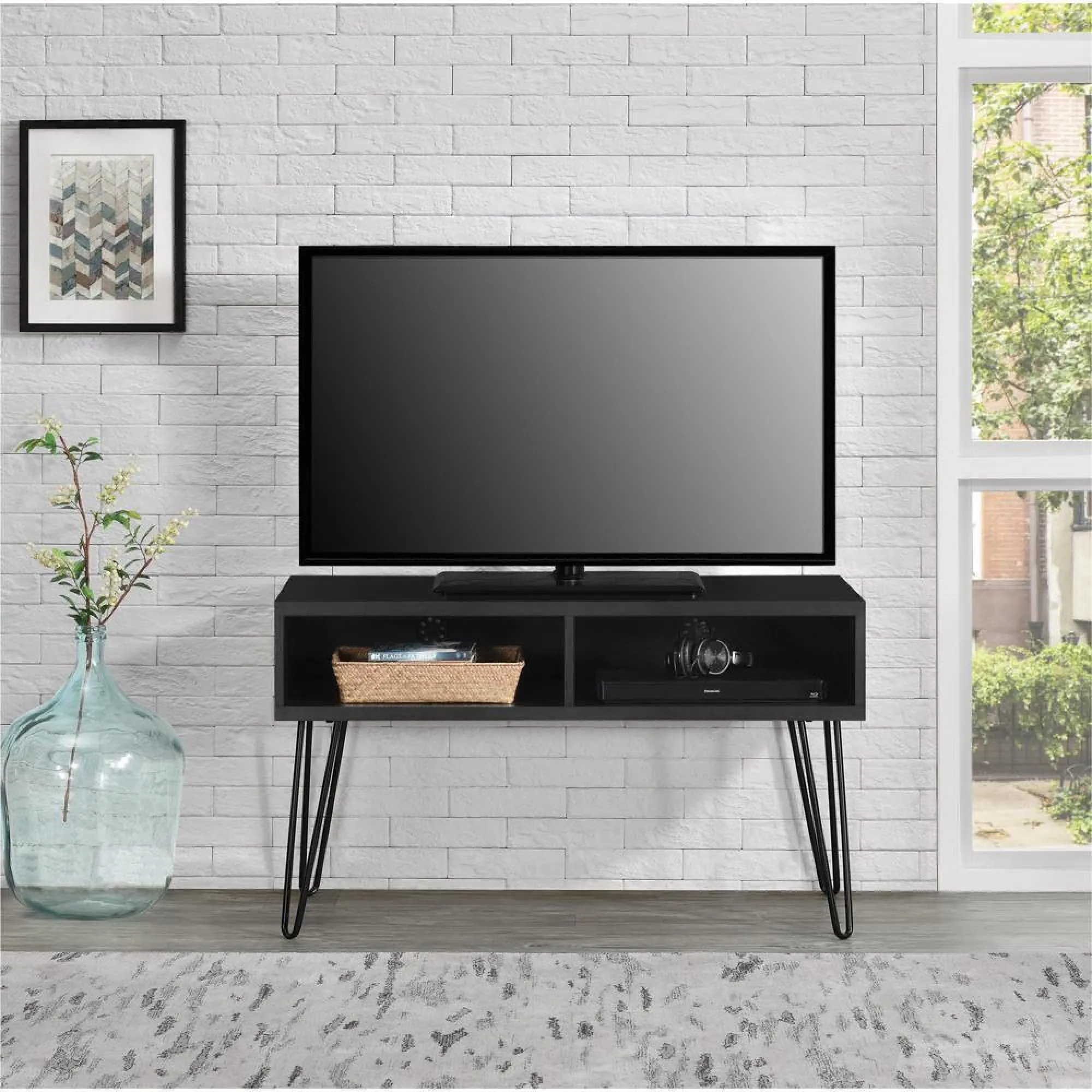 Obion TV Stand with Hairpin Legs - Black Oak