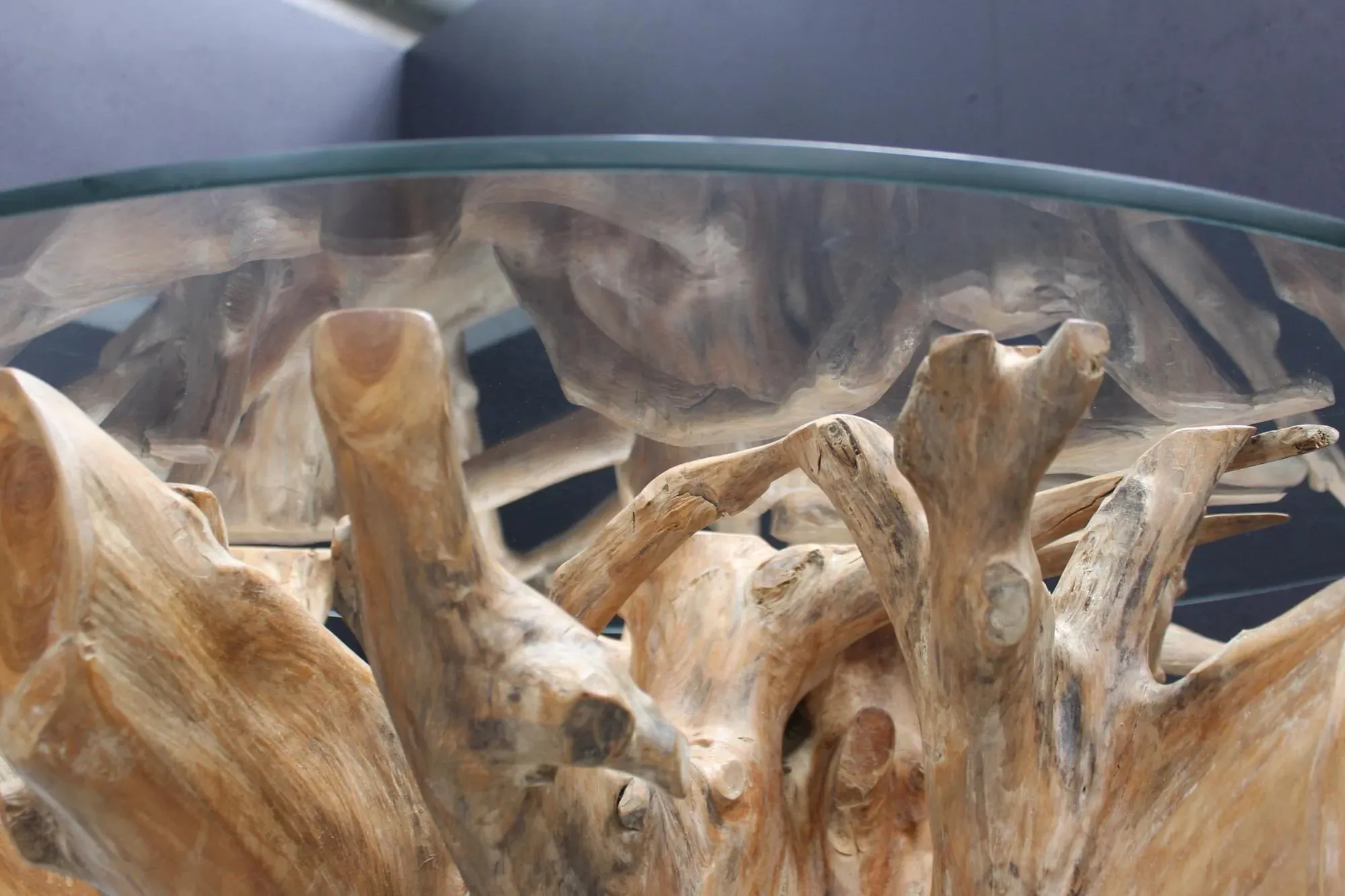 Tree Root Round Dining Table with Glass Top - Brown