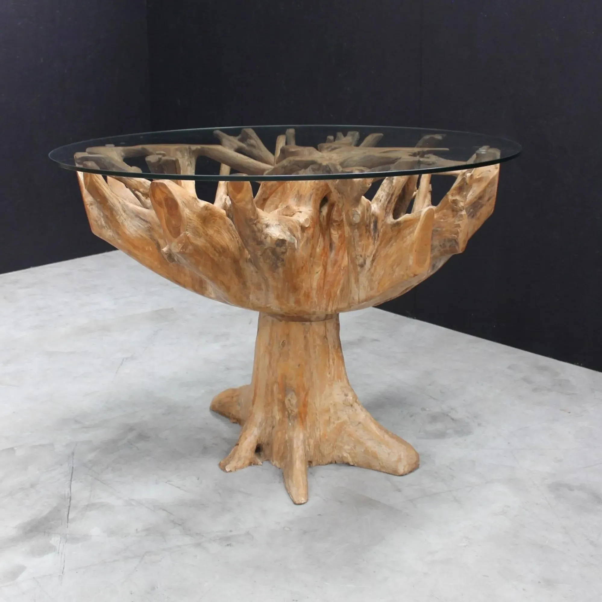 Tree Root Round Dining Table with Glass Top - Brown