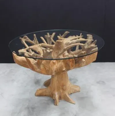 Tree Root Round Dining Table with Glass Top - Brown