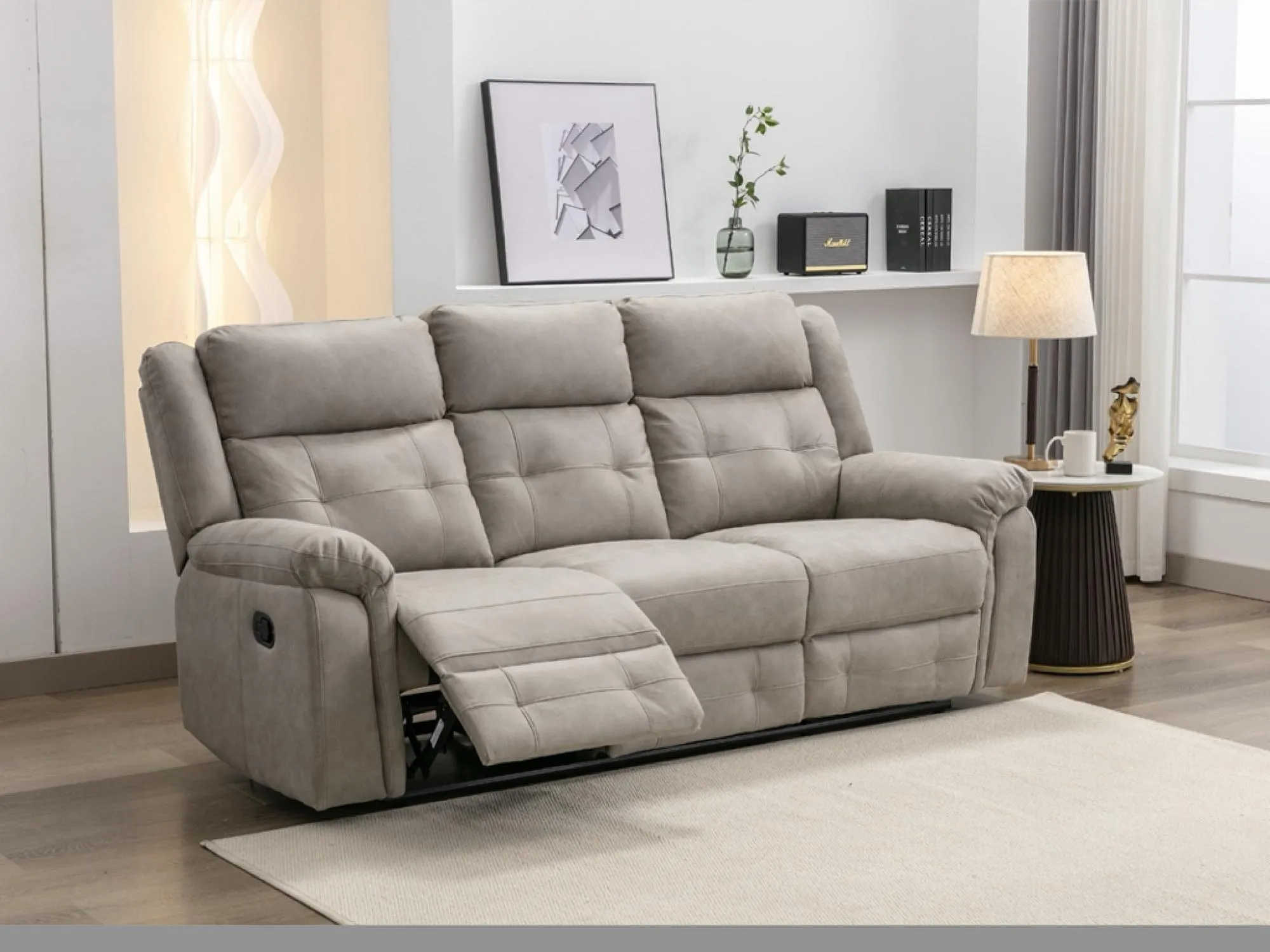 Berkeley 3-Seater Recliner Sofa - Light Grey, Leather Look Fabric