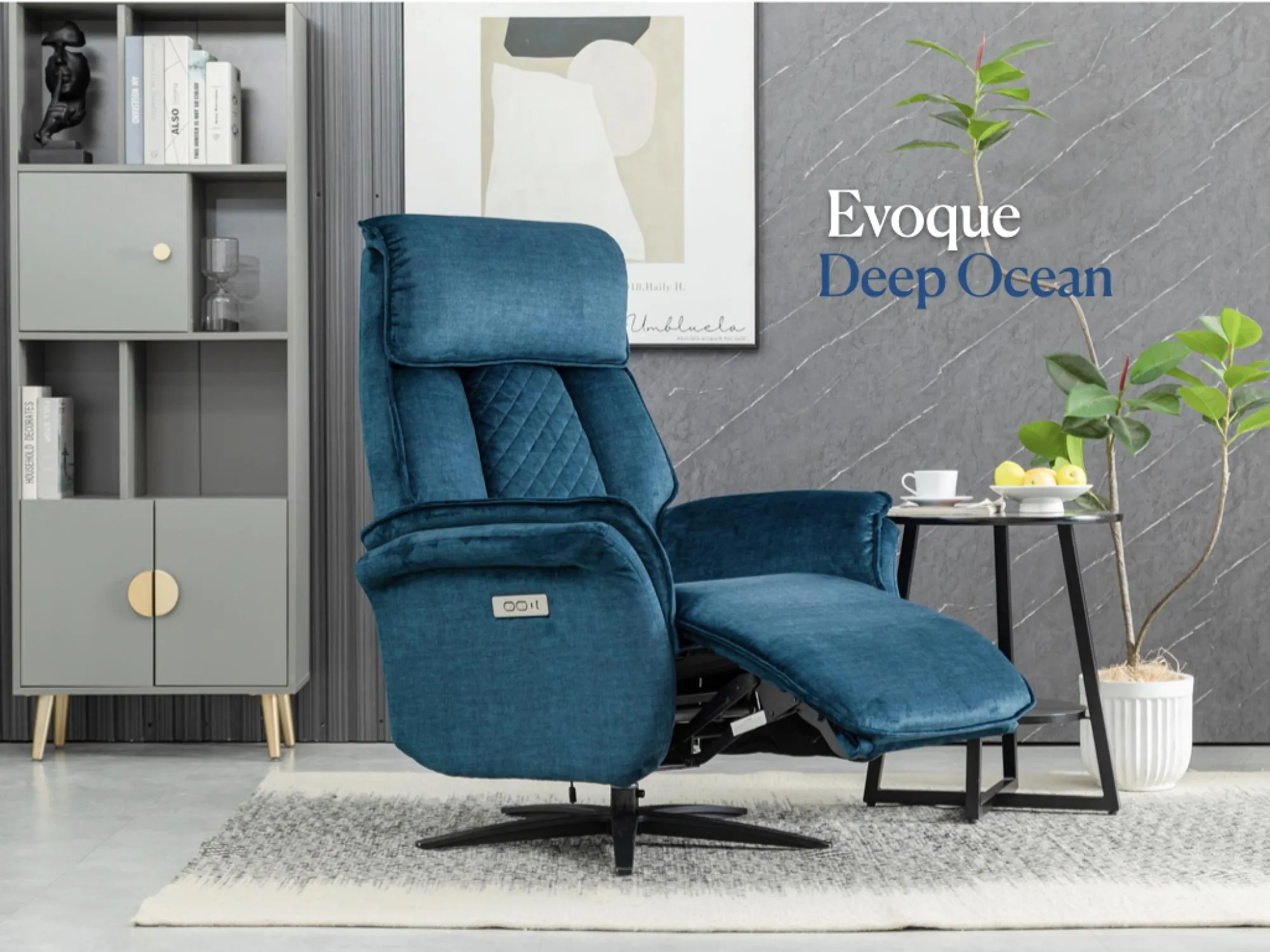 Evoque Swivel Electric Recliner Armchair - Ocean Blue, Fabric