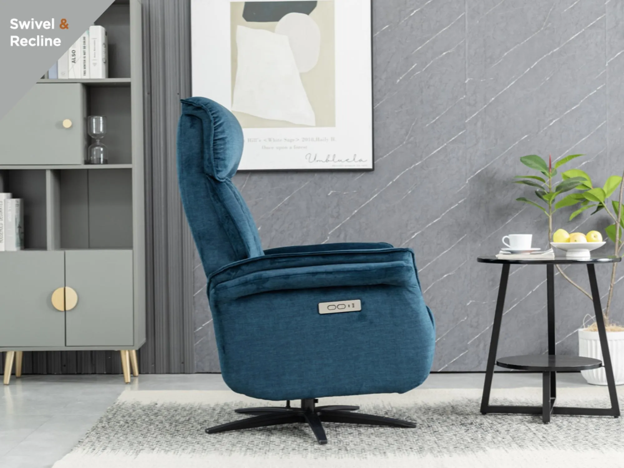 Evoque Swivel Electric Recliner Armchair - Ocean Blue, Fabric