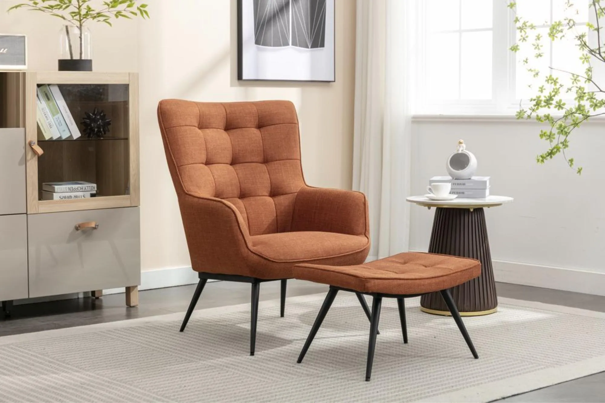 Katelyn Armchair with Footstool - Orange, Fabric