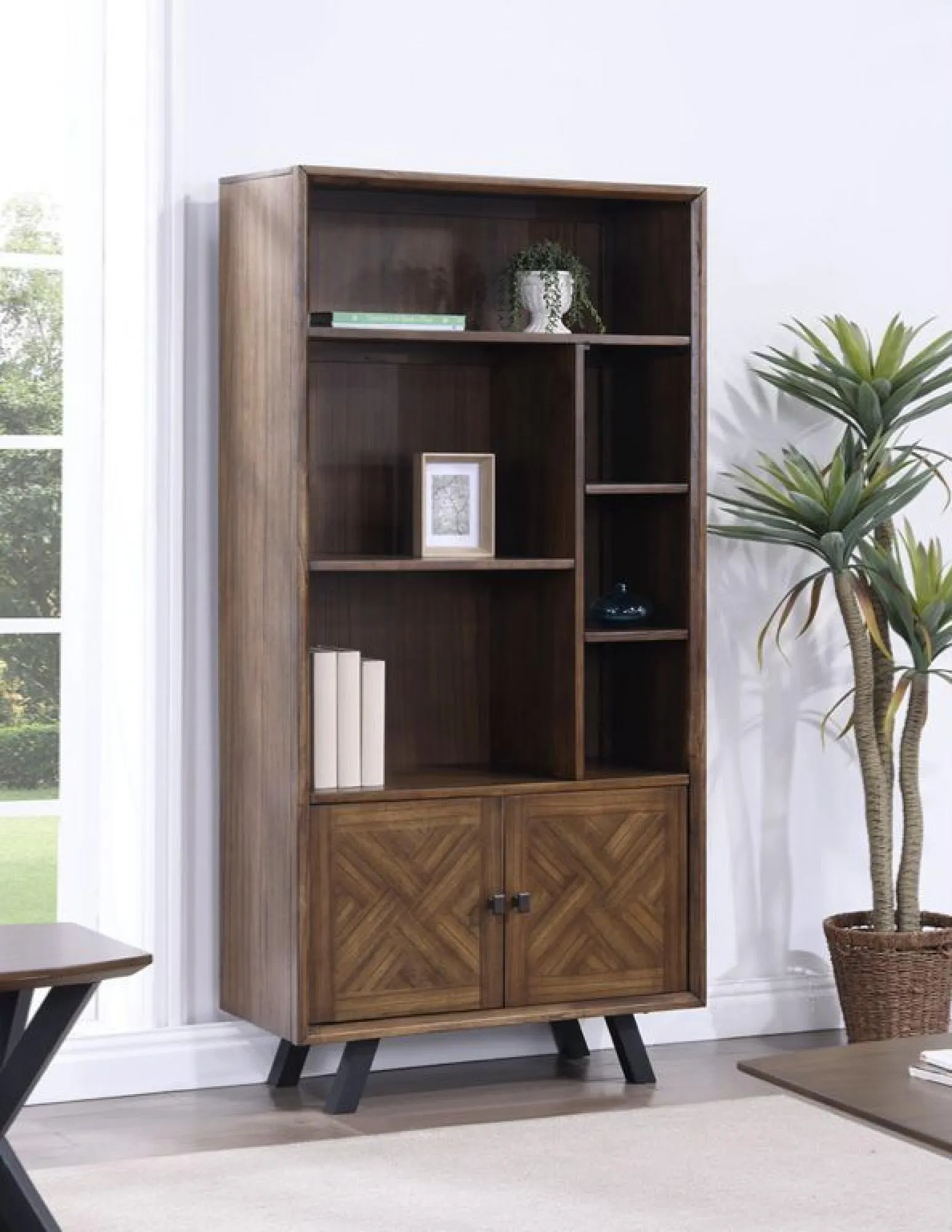 Nevada Wide Bookcase with Cupboard - Walnut, Mindi Wood