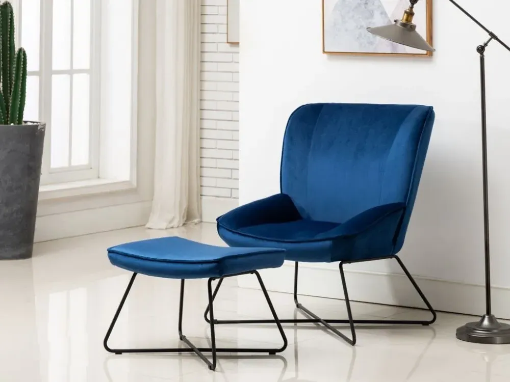 Teagan Chair and Footstool - Blue, Velvet