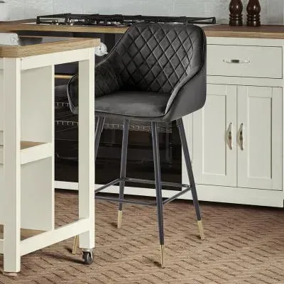 2 x Velvet Fabric Barstool - Gun Metal Grey