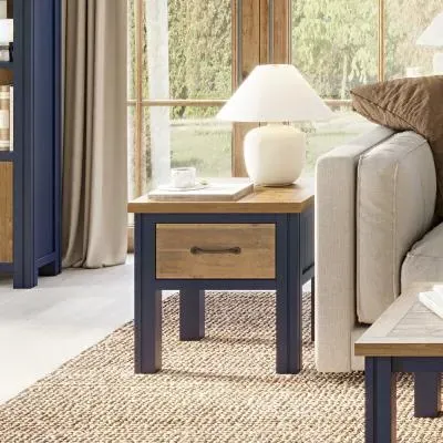 Spencer Square Lamp Table with Drawer - Blue, Lacquered