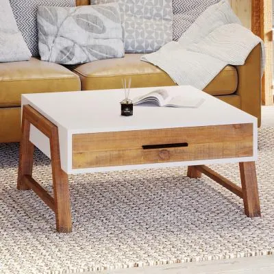 Trego Square Coffee Table with Drawer - White, Reclaimed Wood