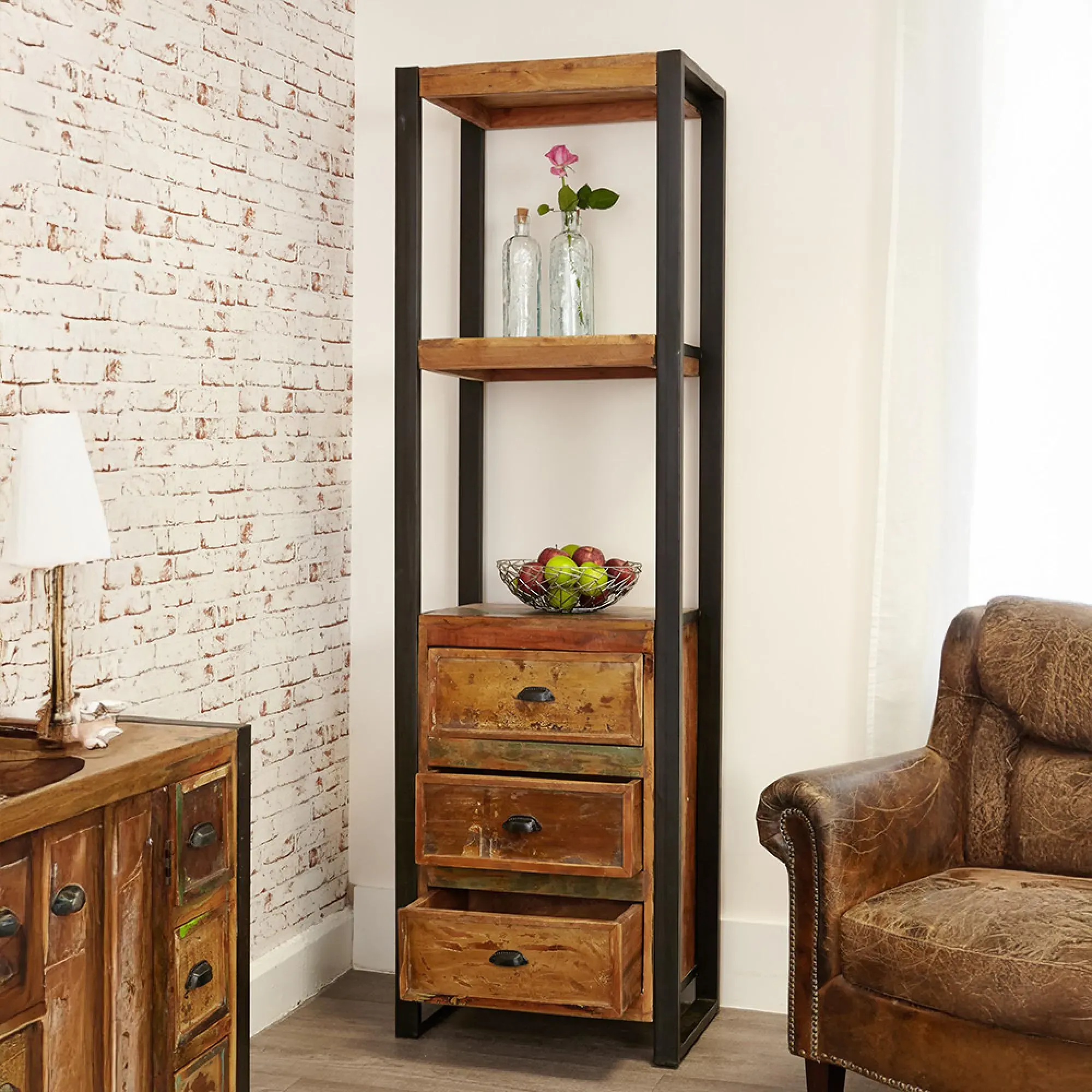 Urmston Reclaimed Alcove Bookcase with 3 Drawers - Satin Lacquer