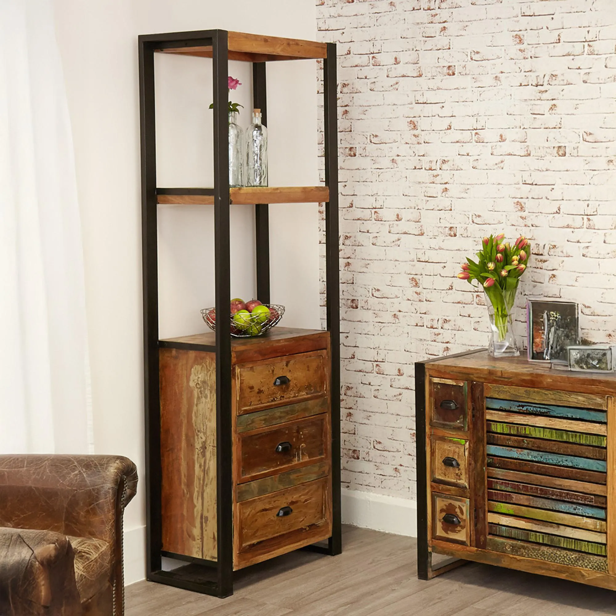 Urmston Reclaimed Alcove Bookcase with 3 Drawers - Satin Lacquer