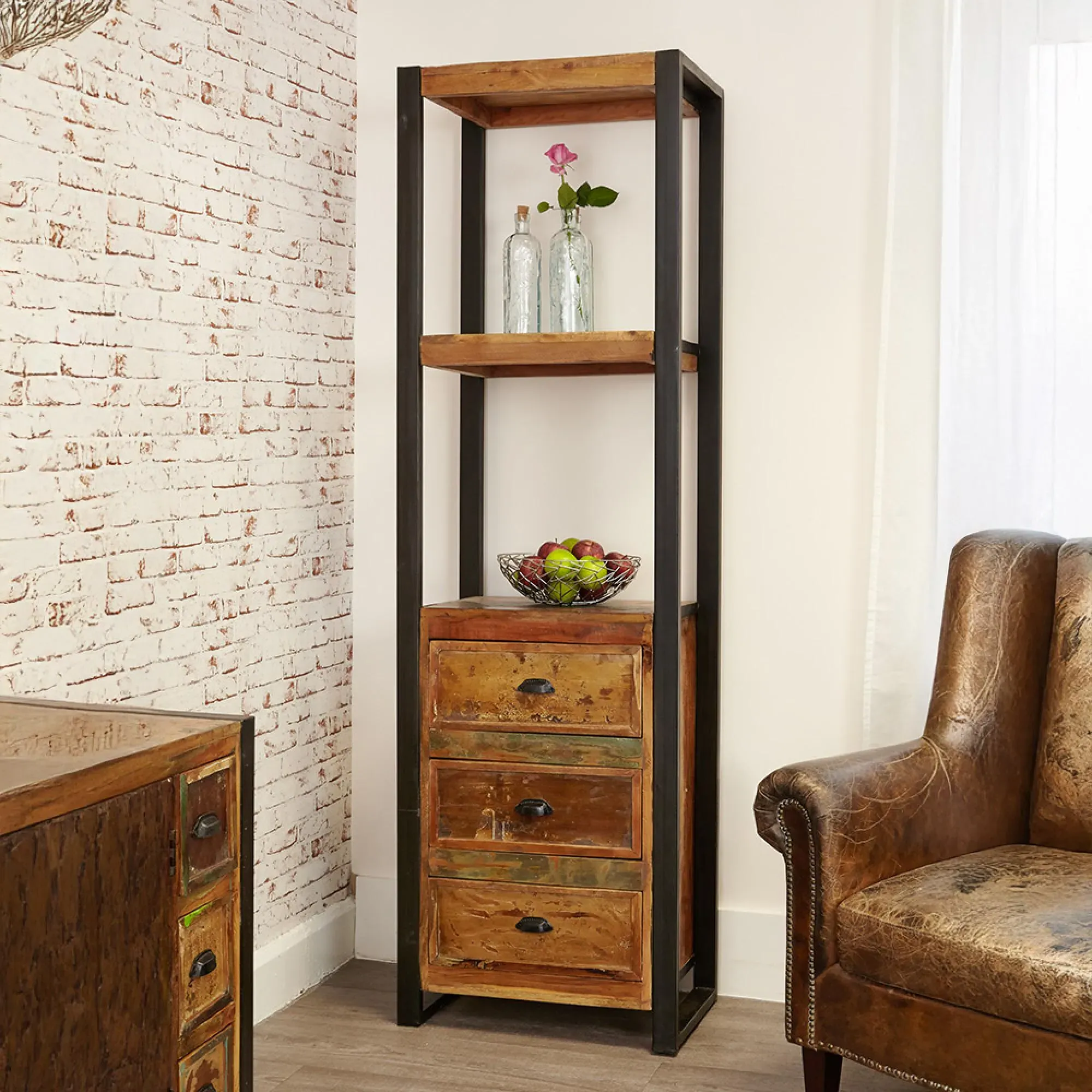 Urmston Reclaimed Alcove Bookcase with 3 Drawers - Satin Lacquer