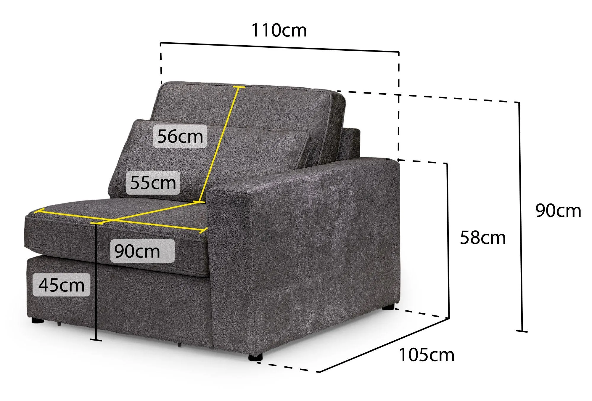 Kiana Right Hand Facing Modular Arm Chair - Grey, Fabric