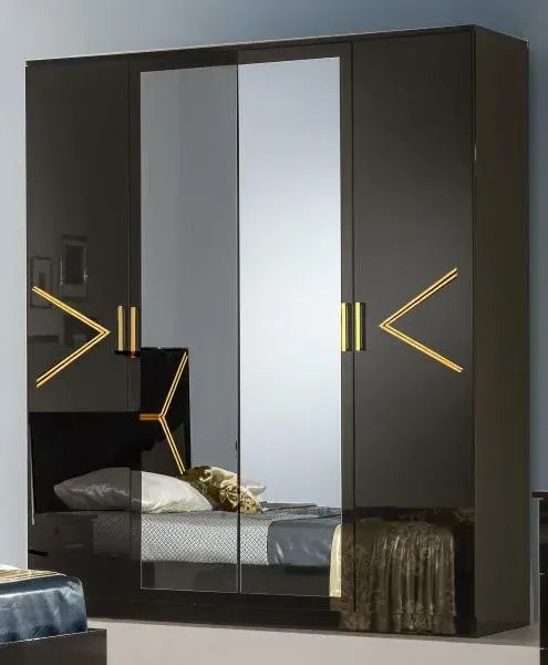 Italian 4 Door Wardrobe with Mirrors - Black