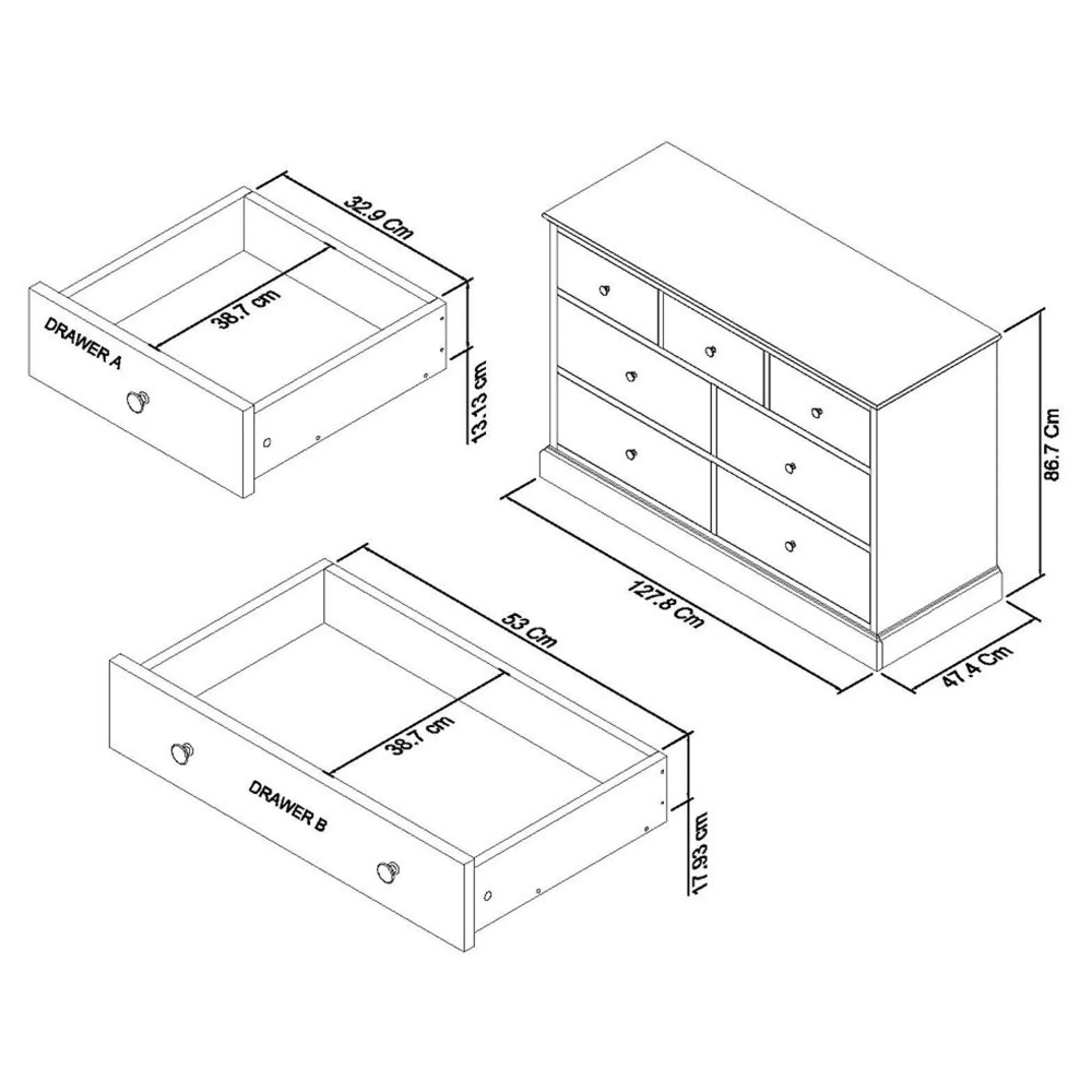 Ashby 3+4 Drawer Chest - White, Beech