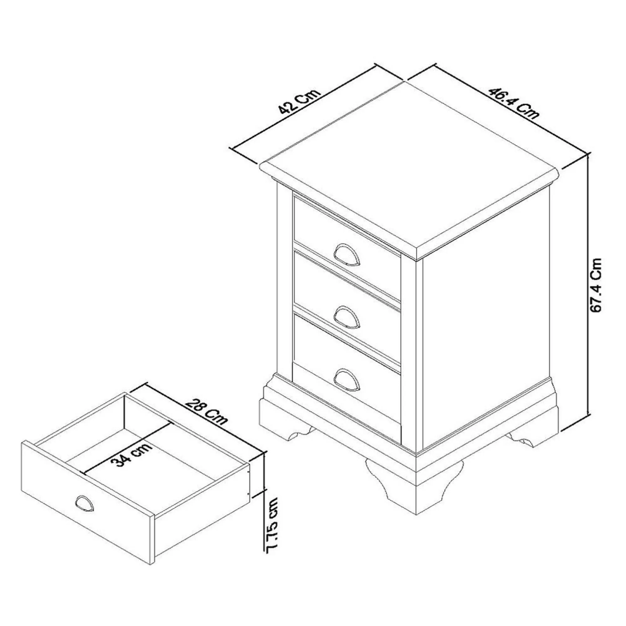Hampstead White 3 Drawer Bedside Cabinet - White