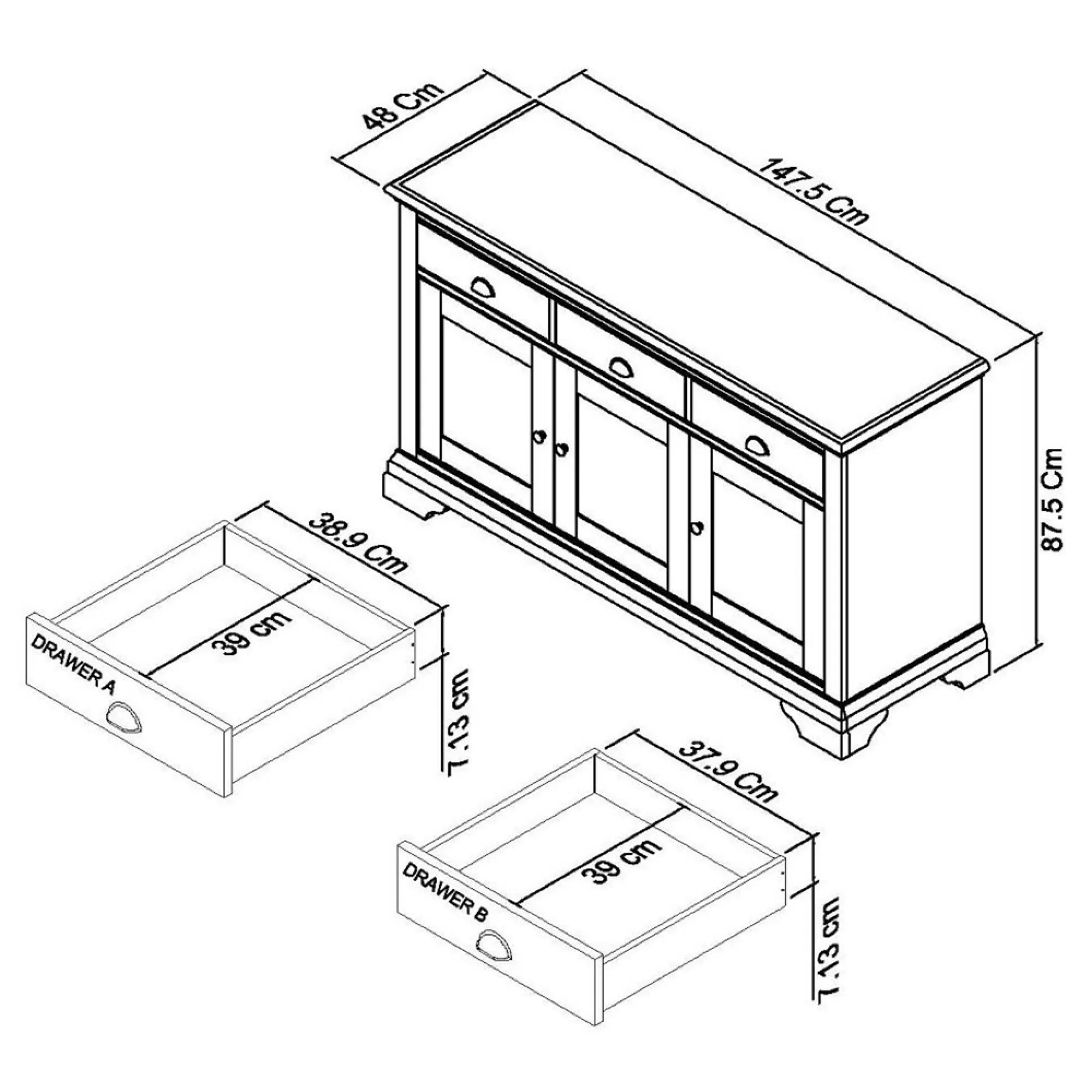 Hampstead Wide 3 Door Sideboard - Ivory, Oak
