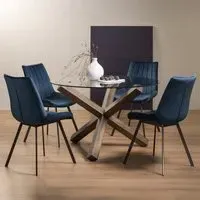 Turin Glass Dining Set with Fontana Blue Chairs - Dark Oak