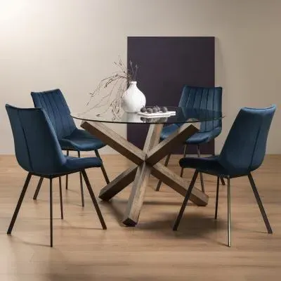 Turin Glass Dining Set with Fontana Blue Chairs - Dark Oak