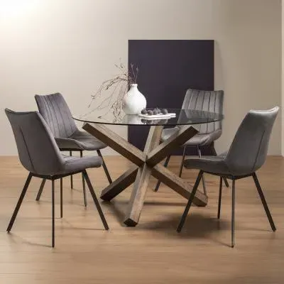 Turin Glass Dining Set with Fontana Grey Chairs - Dark Oak