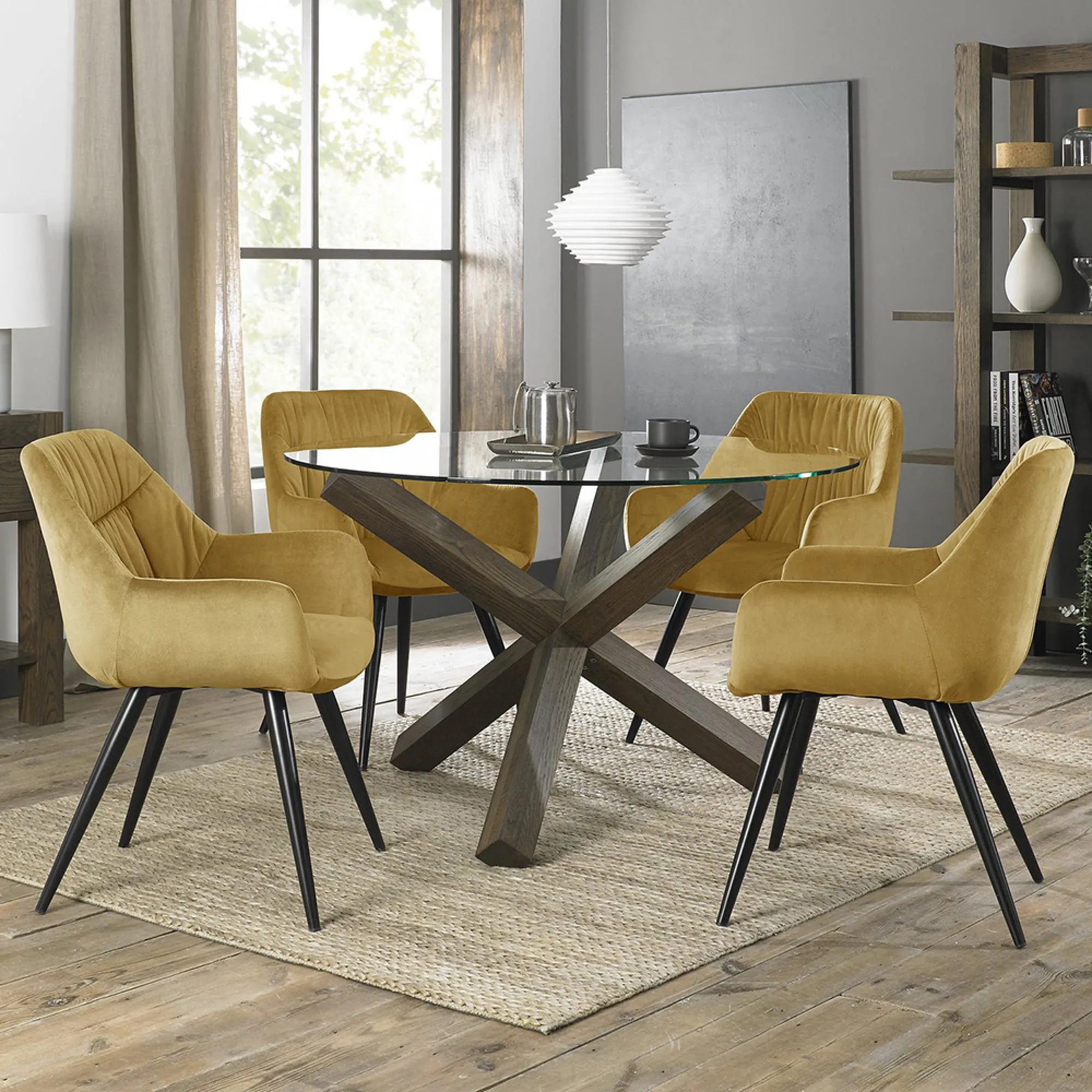 Turin Round Glass Dining Table - Dark Oak