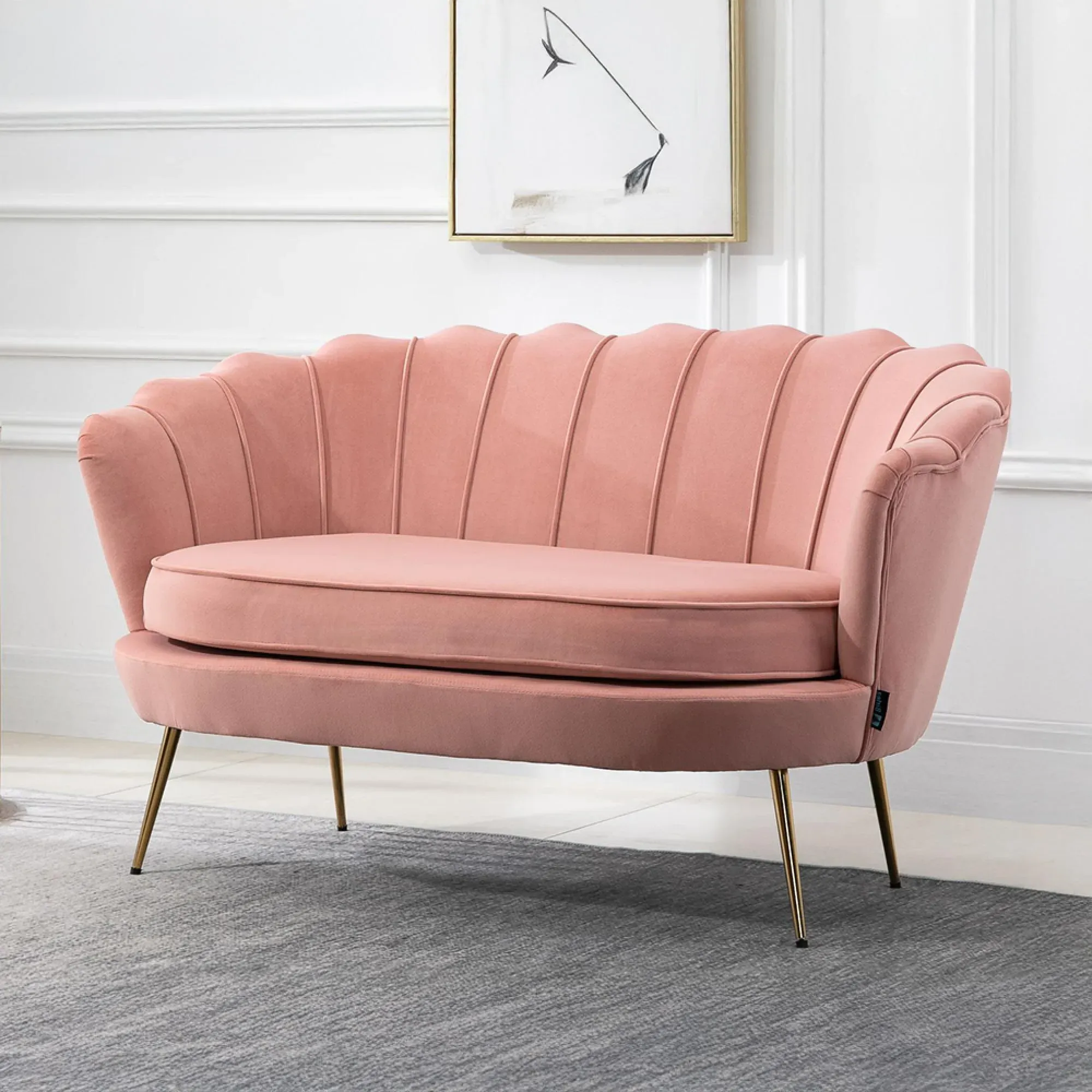 Ariel 2-Seater Sofa with Gold Legs - Coral, Velvet