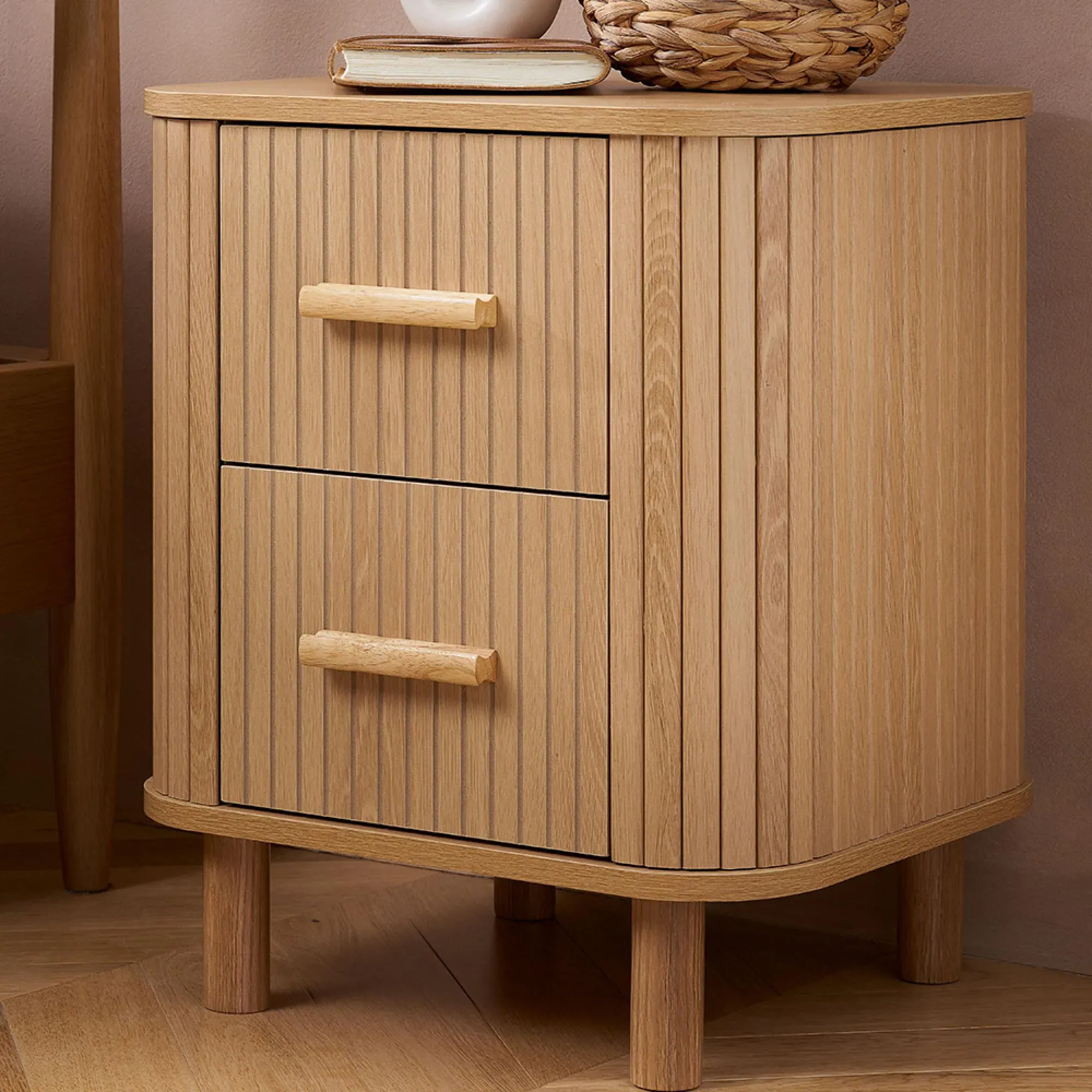 Axel Fluted 2 Drawer Curved Bedside Cabinet - Oak