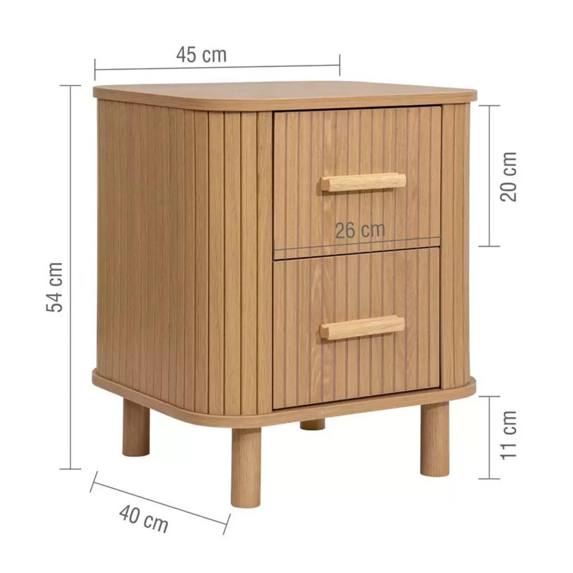 Axel Fluted 2 Drawer Curved Bedside Cabinet - Oak
