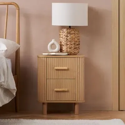 Axel Fluted 2 Drawer Curved Bedside Cabinet - Oak