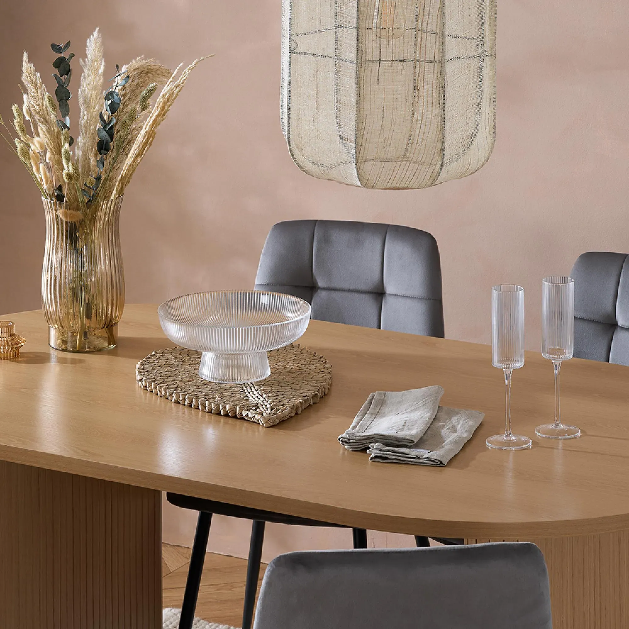 Axel Fluted 6 Seater Oval Dining Table - Oak