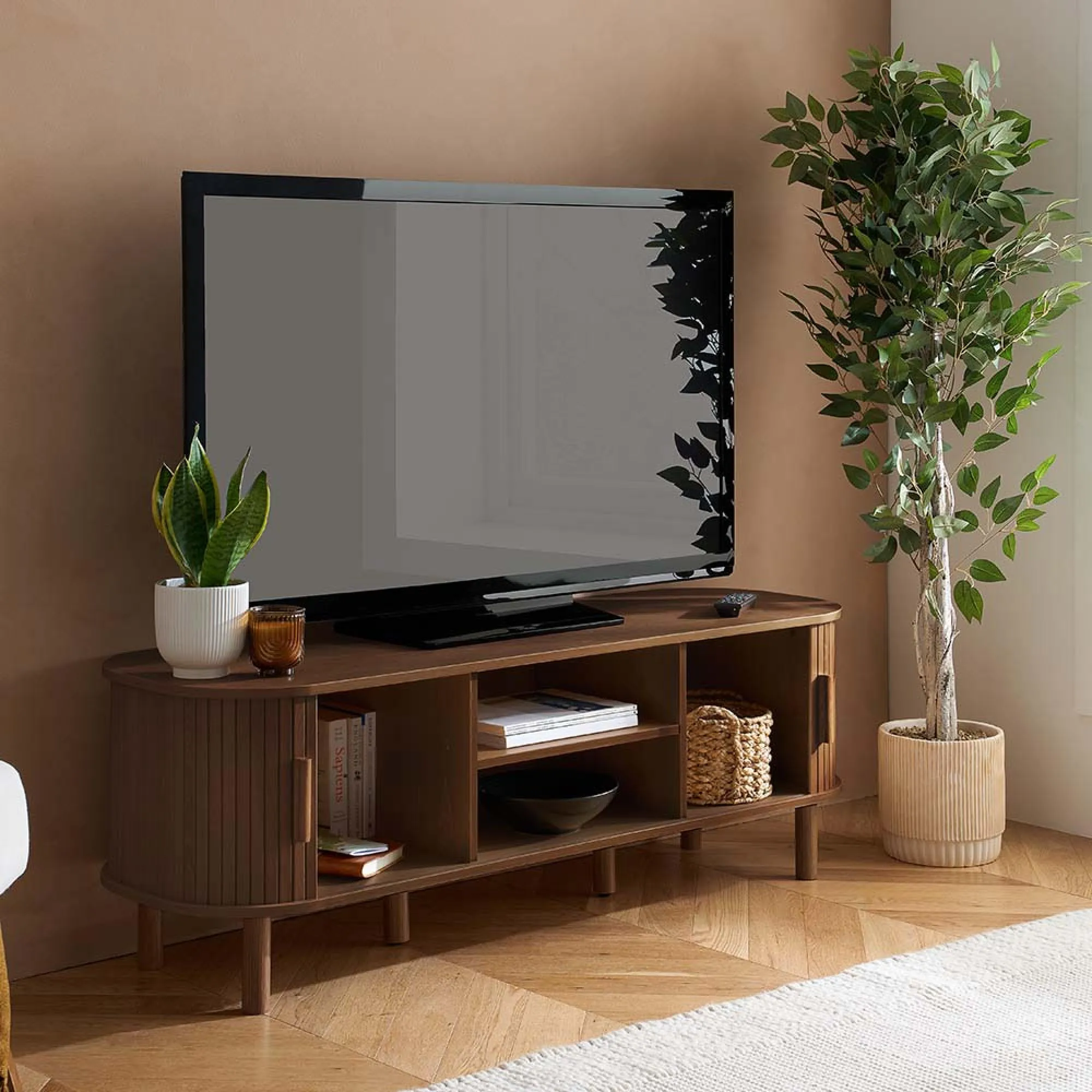 Axel Fluted Curved TV Unit - Walnut