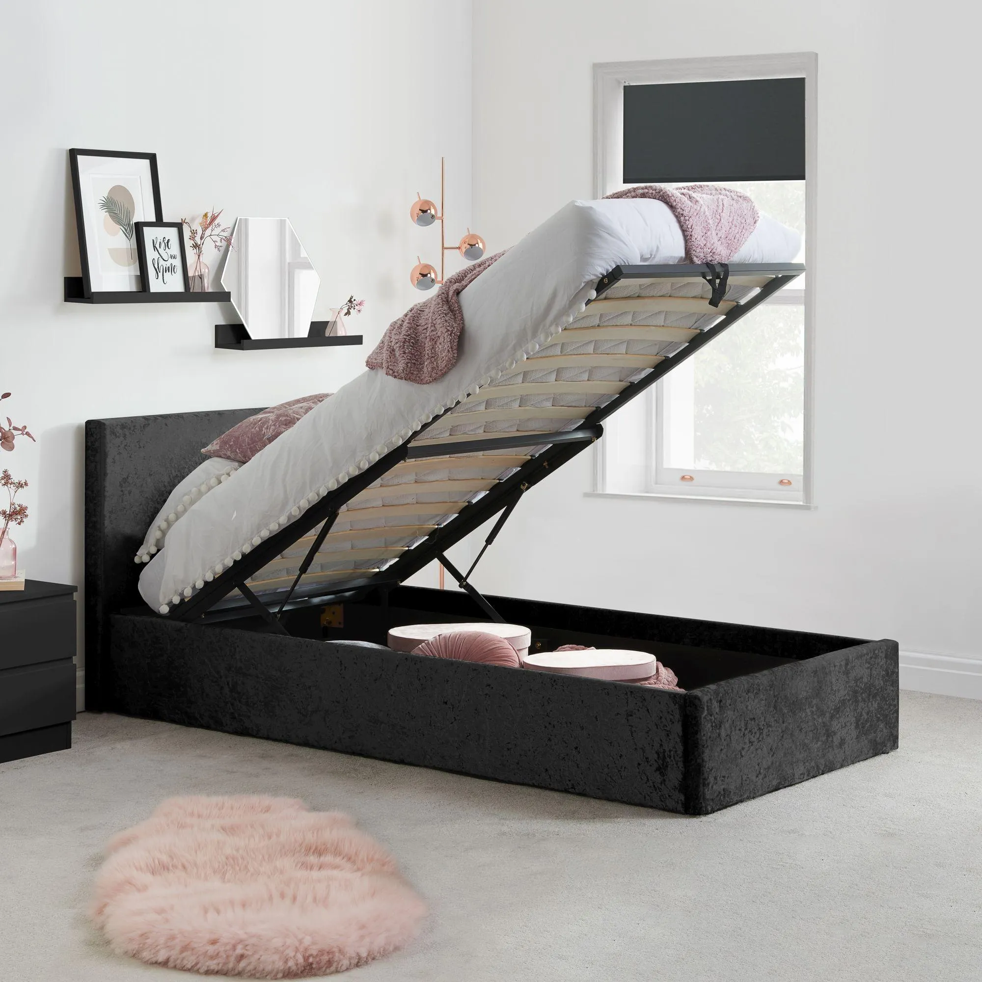 Berlin Ottoman Storage Bed - Black, Crushed Velvet