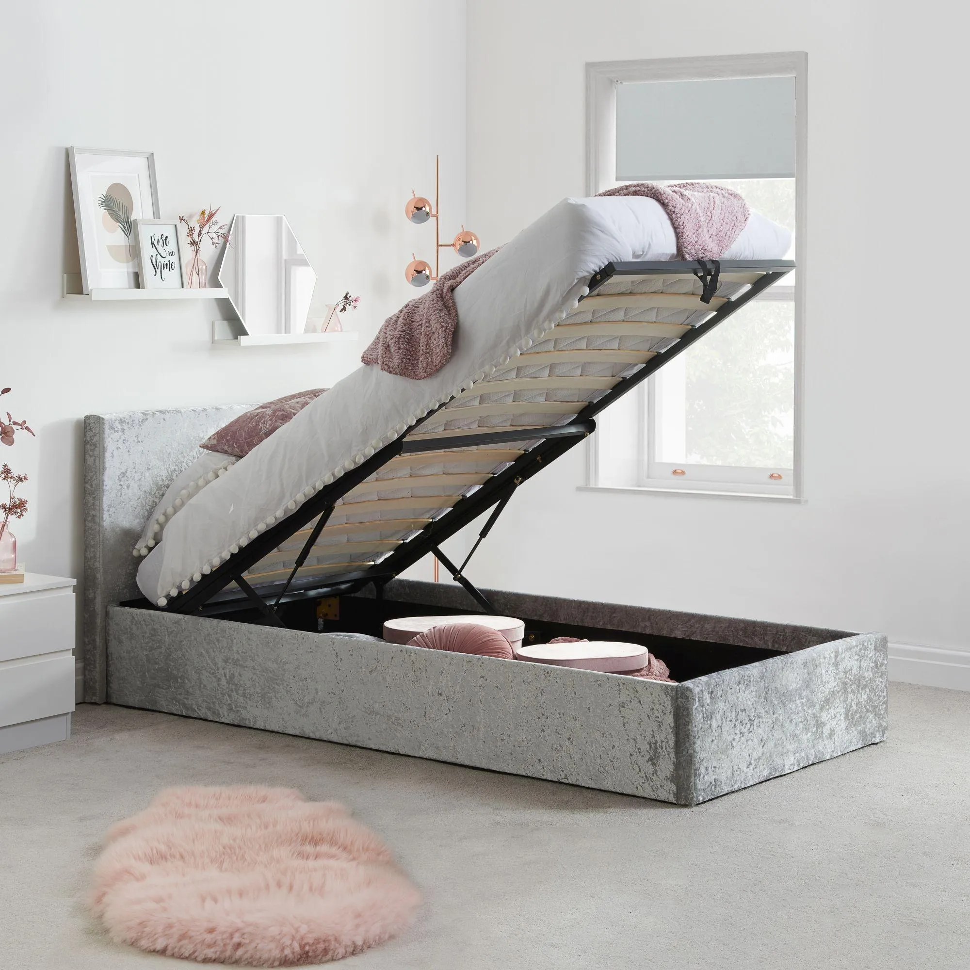 Berlin Ottoman Storage Bed - Steel, Crushed Velvet