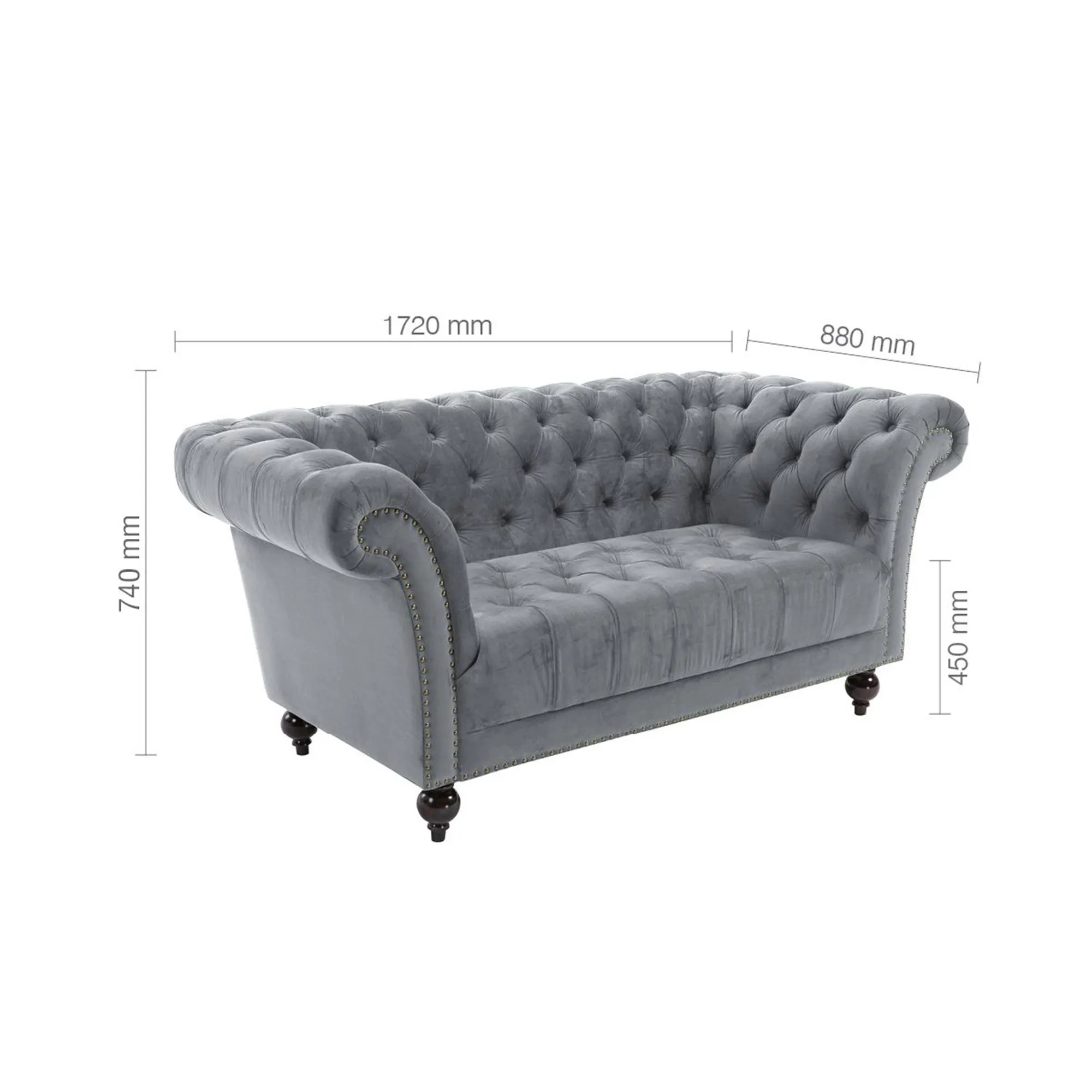Chester 2-Seater Sofa - Grey, Velvet