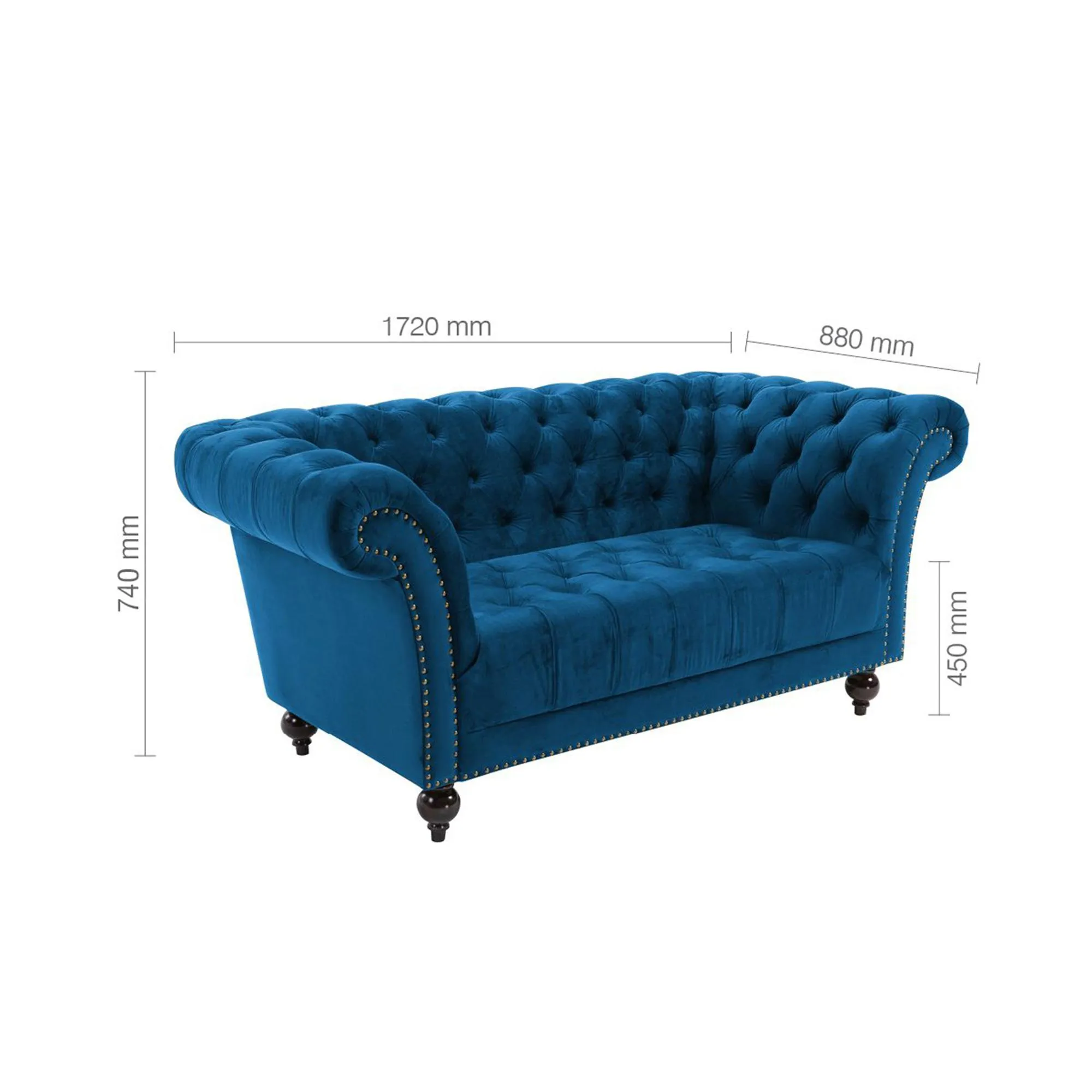 Chester 2-Seater Sofa - Midnight Blue, Velvet
