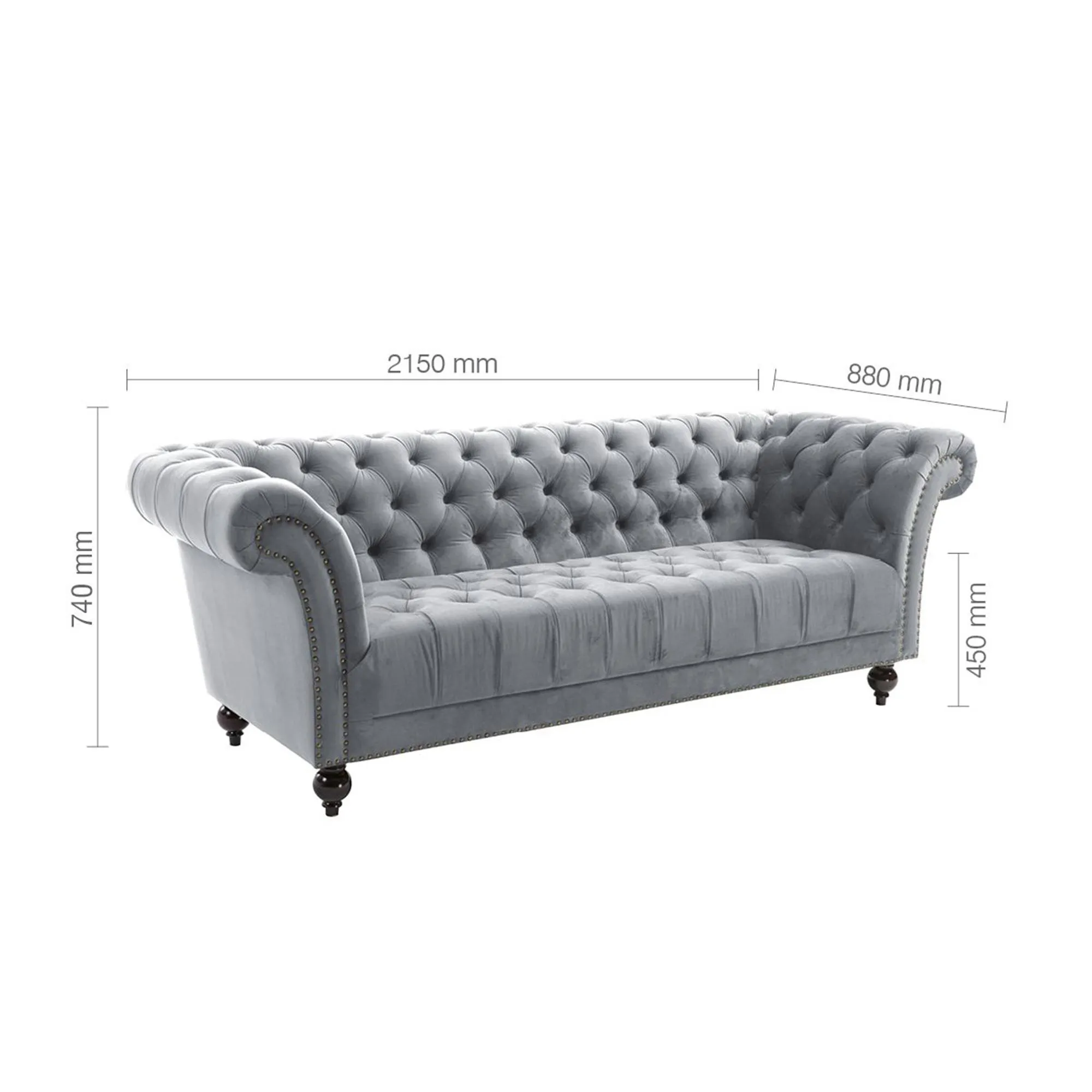 Chester 3-Seater Sofa - Grey, Velvet